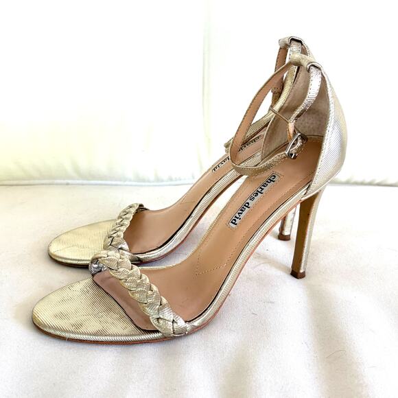 Charles David Braided Heels 8 Gold Pumps Sandals Ankle Strap Cocktail Glam - Picture 2 of 6